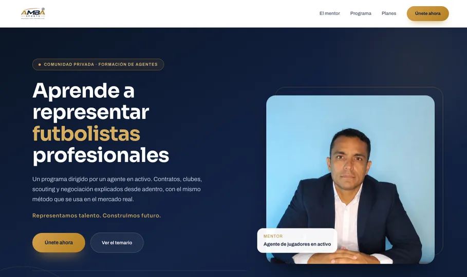 Página de venta de AMBÁ Sports, academia de agentes de fútbol
